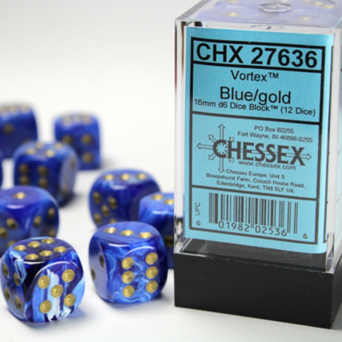 Chessex Vortex Dice Block 16 mm Blue/Gold D6 with Pips (12 dice) [3]