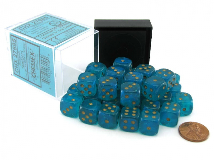 Chessex Borealis Dice Block 12mm Teal/gold Luminary D6 (36 dice) [2]