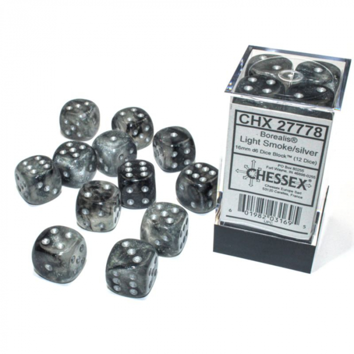 Chessex Borealis Dice Block 16mm Light Smoke/silver Luminary D6 (12 dice) [2]