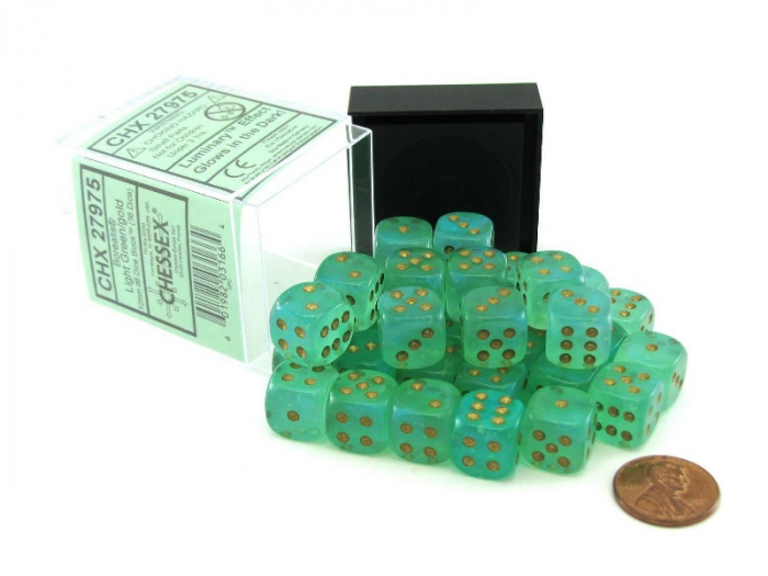 Chessex Borealis Dice Block 12mm Light Green/gold Luminary D6 (36 dice) [2]