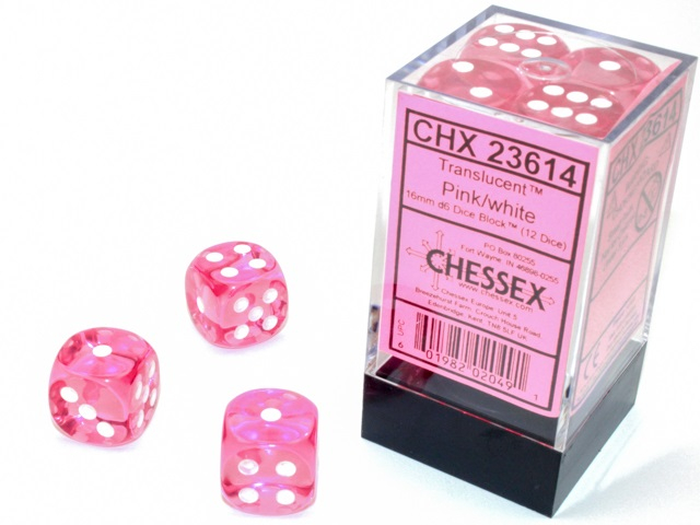 Chessex Translucent Dice Block 16mm Pink/white D6 (12 dice) [3]