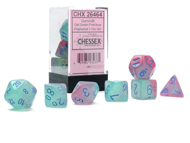Chessex Gemini Polyhedral Dice Set Gel Green-Pink/blue Luminary (7 dice) [2]