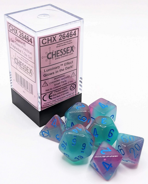 Chessex Gemini Polyhedral Dice Set Gel Green-Pink/blue Luminary (7 dice) [3]