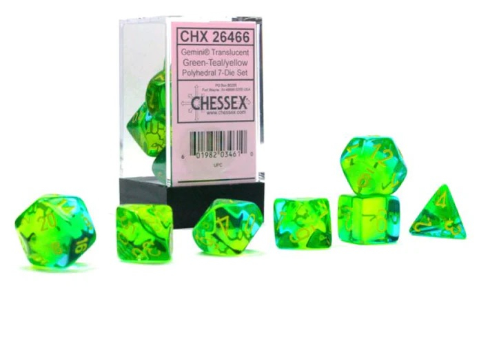 Chessex Gemini Polyhedral Translucent Dice Set Green-Teal/yellow (7 dice) [3]