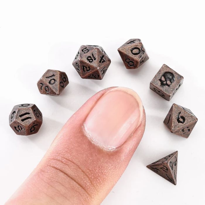 Hymgho Unseeli Tiny Dice Set in Potion Bottle Ancient Copper (7 dice) [3]