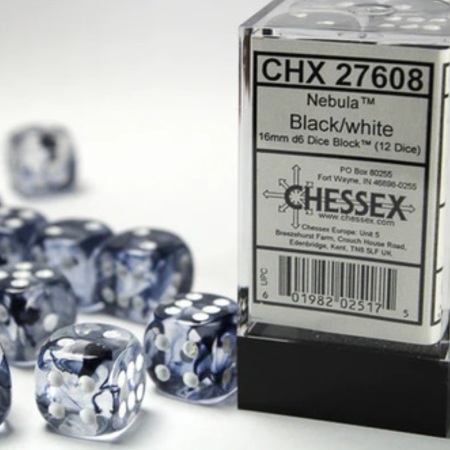 Chessex Nebula Dice Block 16 mm Black/White D6 with Pips (12 dice) [2]