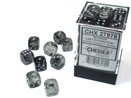 Zaruri - Chessex Borealis Dice Block 12mm Light Smoke/silver Luminary D6 (36 dice)