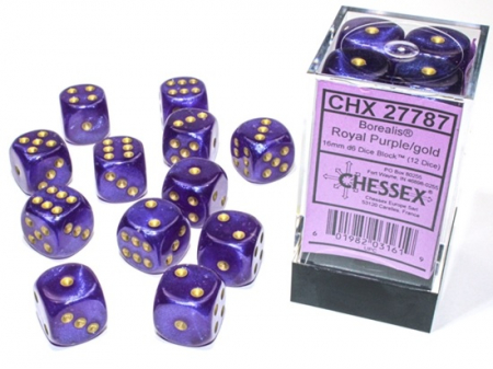 Zaruri - Chessex Borealis Dice Block 16mm Royal Purple/gold Luminary D6 (12 dice)