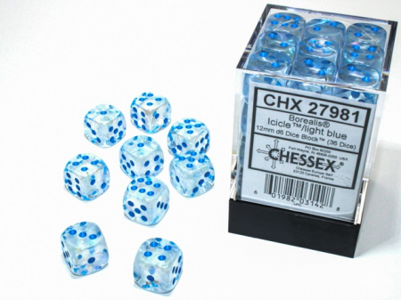 Zaruri - Chessex Borealis Dice Block 12mm Icicle/light blue Luminary D6 (36 dice)