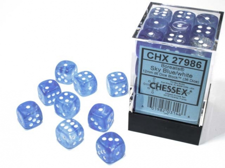 Zaruri - Chessex Borealis Dice Block 12mm Sky Blue/white Luminary D6 (36 dice)
