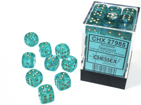 Zaruri - Chessex Borealis Dice Block 12mm Teal/gold Luminary D6 (36 dice)