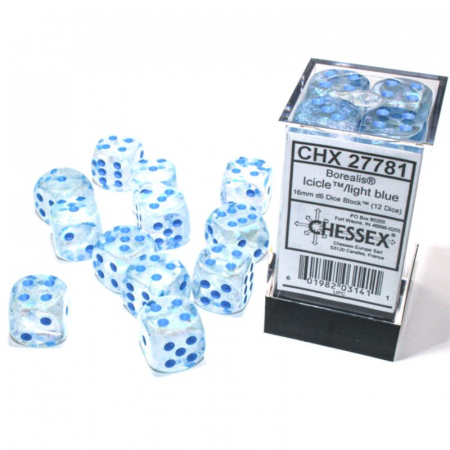 Zaruri - Chessex Borealis Dice Block 16mm Icicle/light blue Luminary D6 (12 dice)