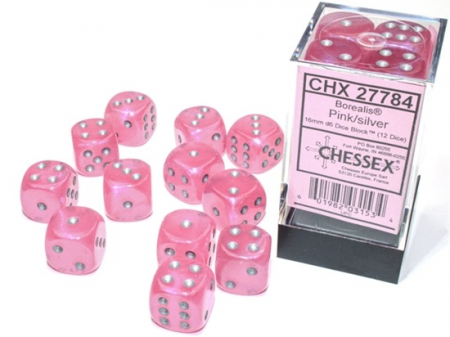 Zaruri - Chessex Borealis Dice Block 16mm Pink/silver Luminary D6 (12 dice)