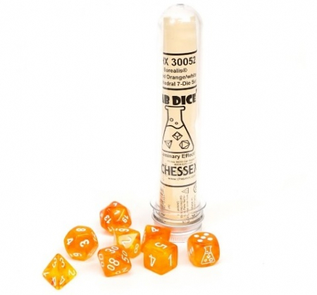 Zaruri - Chessex Borealis Polyhedral Dice Set Blood Orange/white Luminary (7 dice) (with bonus die)