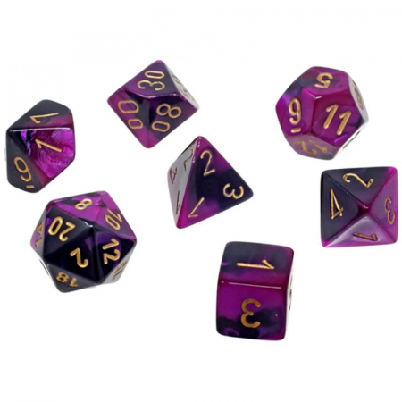 Zaruri - Chessex Gemini Mini-Polyhedral Dice Set Black-Purple/gold (7 dice)