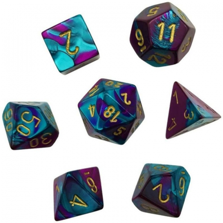 Zaruri - Chessex Gemini Mini-Polyhedral Dice Set Purple-Teal/gold (7 dice)