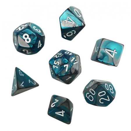 Accesorii - Chessex Gemini Mini-Polyhedral Dice Set Steel-Teal/white (7 dice)
