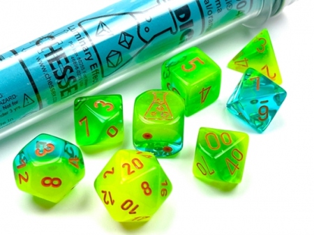 Zaruri - Chessex Gemini Polyhedral Plasma Dice Set Green-Teal/orange Luminary (7 dice)