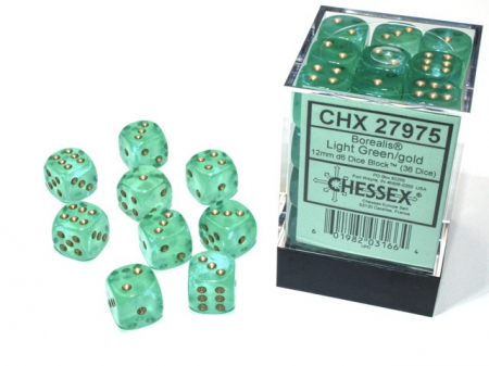 Zaruri - Chessex Borealis Dice Block 12mm Light Green/gold Luminary D6 (36 dice)
