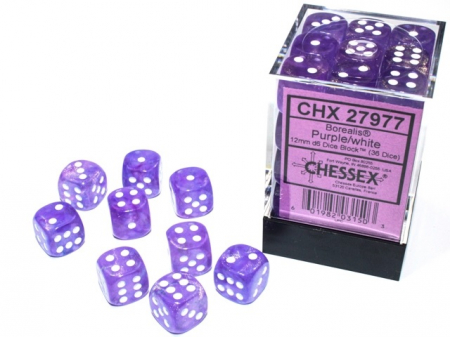 Zaruri - Chessex Borealis Dice Block 12mm Purple/white Luminary D6 (36 dice)