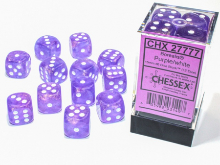 Zaruri - Chessex Borealis Dice Block 16mm Purple/white Luminary D6 (12 dice)