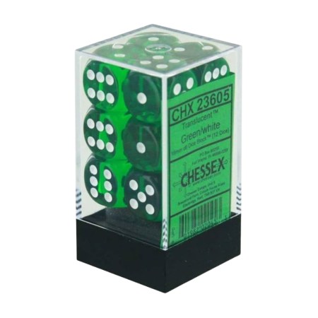 Chessex Translucent Dice Block 16 mm Green/White D6 with Pips (12 dice) [1]