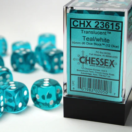 Chessex Translucent Dice Block 16 mm Teal/White D6 with Pips (12 dice) [1]