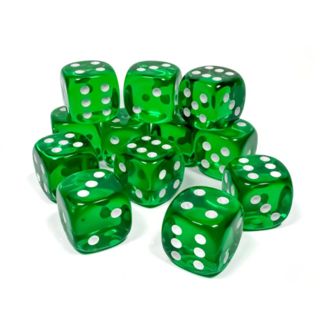 Zaruri - Chessex Translucent Dice Block 16 mm Green/White D6 with Pips (12 dice)