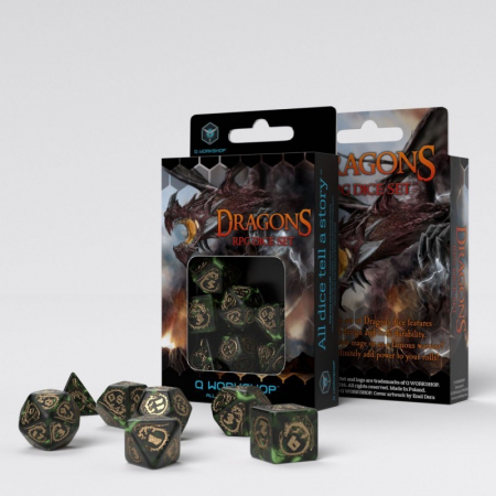 Zaruri - Dragons Bottle Green & Gold Dice Set (7 Dice) - Q-Workshop