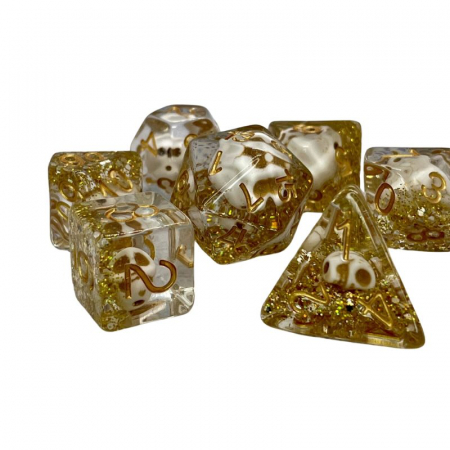 Zaruri - Foam Brain Dice Skull and Gold Glitter RPG Dice Set (7 dice)