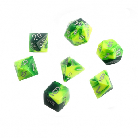 Chessex Gemini Polyhedral Dice Set Green-Yellow/silver (7 dice) [1]