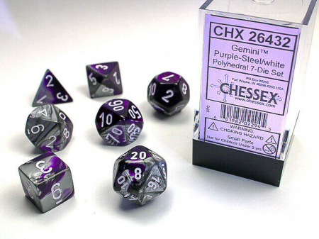Accesorii - Chessex Gemini Polyhedral Dice Set Purple-Steel/white (7 dice)