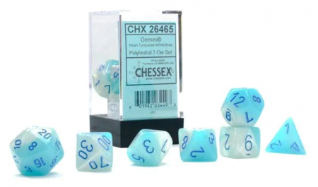 Chessex Gemini Polyhedral Pearl Dice Set Turquoise-White/blue Luminary (7 dice) [2]