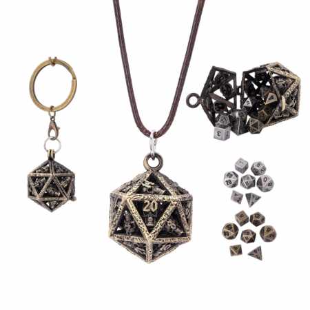 Geek Zone - Grimskulls D20 Gift Set (Keychain + Necklace + Dice Sets) - Ancient Gold