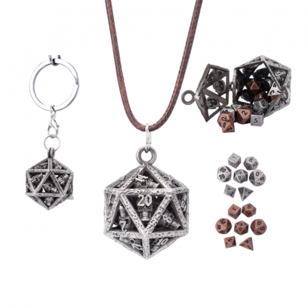 Geek Zone - Grimskulls D20 Gift Set (Keychain + Necklace + Dice Sets) - Ancient Silver