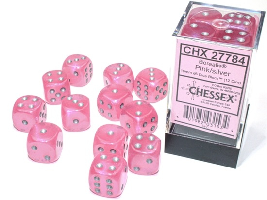 Chessex Borealis Dice Block 16mm Pink silver Luminary D6 (12 dice)