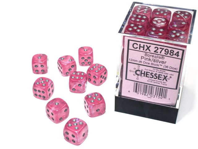 Chessex Borealis Dice Block 12mm Pink silver Luminary D6 (36 dice)