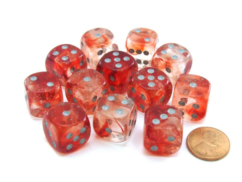 Chessex Nebula Dice Block 16mm Red silver Luminary D6 (12 dice)