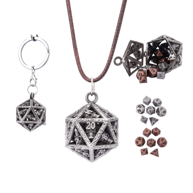 Grimskulls D20 Gift Set (Keychain + Necklace + Dice Sets) - Ancient Silver