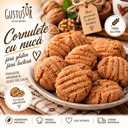 Patiserie dulce - Cornulețe cu nucă fără gluten, fără lactoză – Gustușor