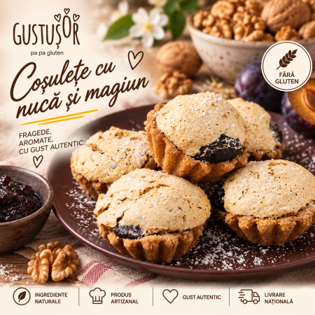 Patiserie dulce - Coșulețe cu nucă și magiun fără gluten – Gustușor