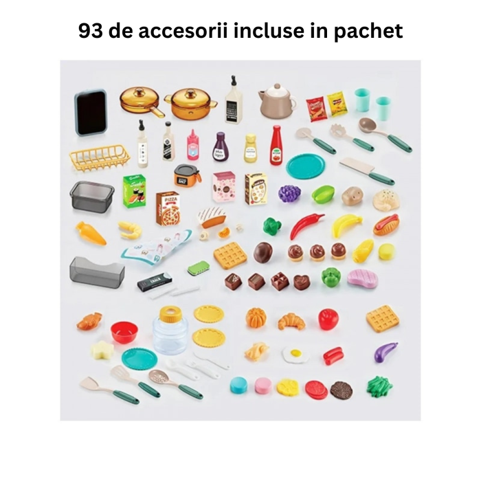 Bucatarie multifunctionala pentru copii, DABISY, 93 de accesorii, lumini si sunete realiste, simulare abur, aragaz, hota, chiuveta, frigider, aparat de fiert oua, dozator apa, mancare de joaca, spatii [4]