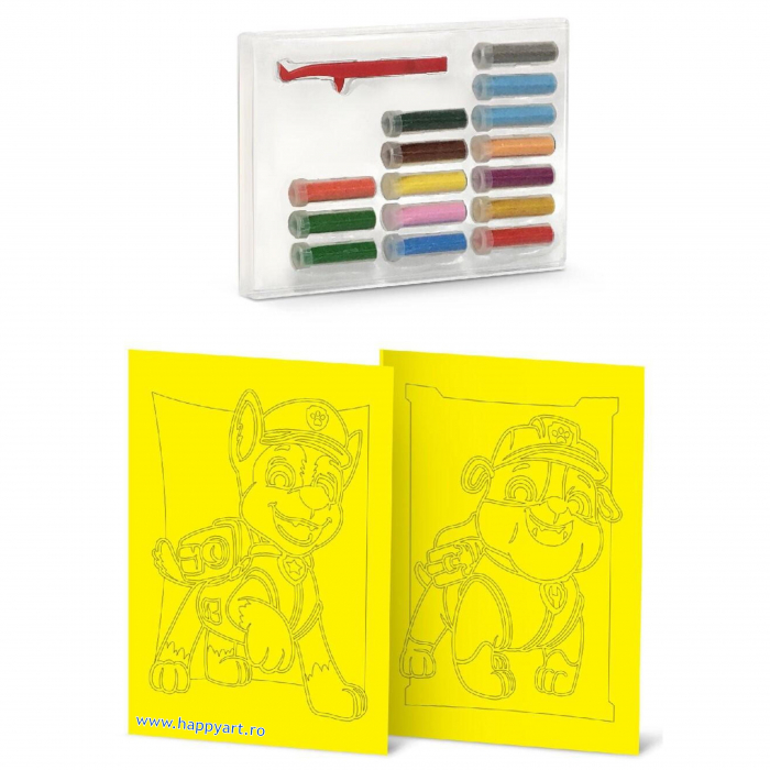 Paw Patrol - RUBBLE & CHASE, Set creativ pictura cu nisip colorat, 2 planse 16,5 x 23,5 cm, 15 tuburi nisip multicolor, 1 penseta, 2 folii, + 3 ani [2]