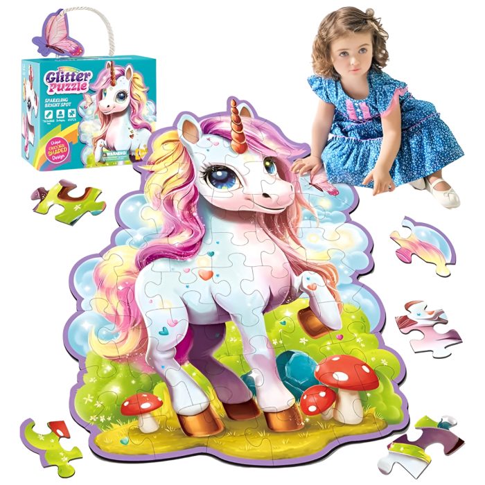 Glitter Puzzle gigant 45 piese cu glitter, DABISY, 70x95 cm, model si forma UNICORN, joc educativ copii 3-6 ani, dezvoltare motricitate, cadou aniversare, carton gros, lucios, sclipicios, multicolor [1]