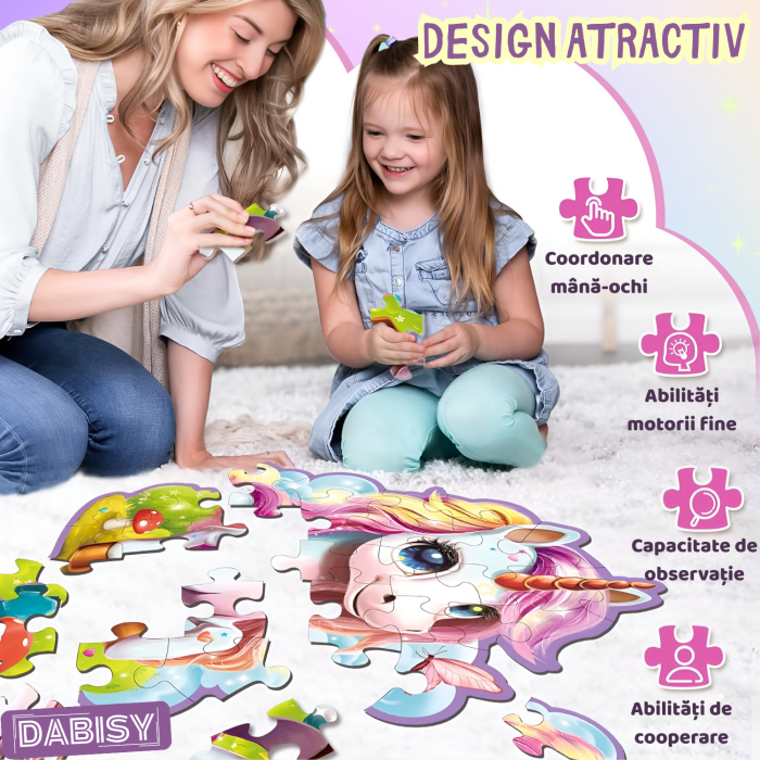 Glitter Puzzle gigant 45 piese cu glitter, DABISY, 70x95 cm, model si forma UNICORN, joc educativ copii 3-6 ani, dezvoltare motricitate, cadou aniversare, carton gros, lucios, sclipicios, multicolor [6]