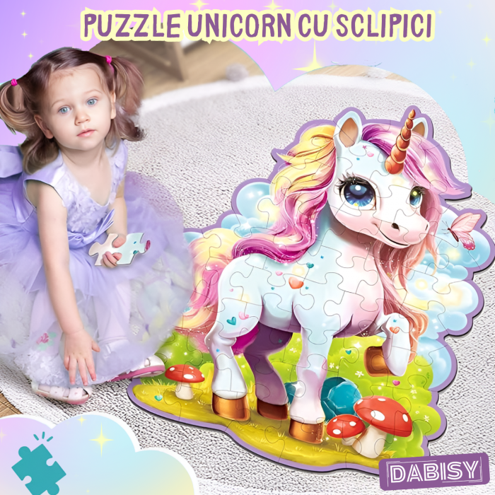 Glitter Puzzle gigant 45 piese cu glitter, DABISY, 70x95 cm, model si forma UNICORN, joc educativ copii 3-6 ani, dezvoltare motricitate, cadou aniversare, carton gros, lucios, sclipicios, multicolor [2]