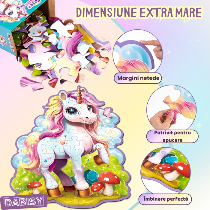 Glitter Puzzle gigant 45 piese cu glitter, DABISY, 70x95 cm, model si forma UNICORN, joc educativ copii 3-6 ani, dezvoltare motricitate, cadou aniversare, carton gros, lucios, sclipicios, multicolor [3]