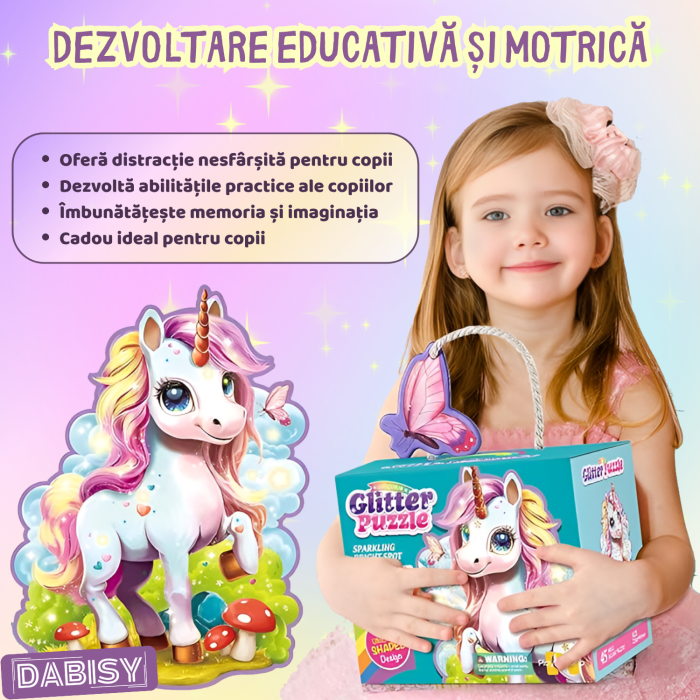 Glitter Puzzle gigant 45 piese cu glitter, DABISY, 70x95 cm, model si forma UNICORN, joc educativ copii 3-6 ani, dezvoltare motricitate, cadou aniversare, carton gros, lucios, sclipicios, multicolor [5]