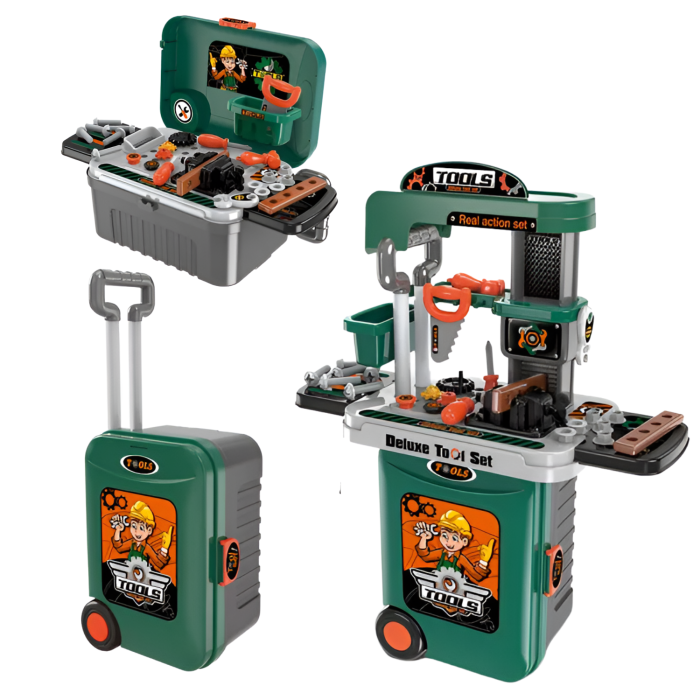 Set valiza cu unelte pentru copii, 3-in-1, Dabisy, model interactiv, valiza si accesorii, masa extensibila, portabila, 3+ ani, culoare verde gri [1]