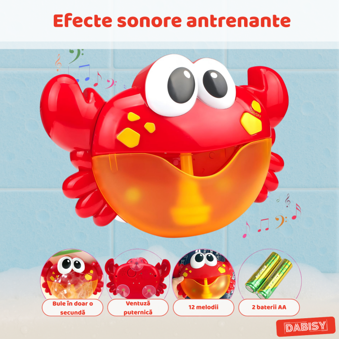 Jucarie de baie pentru copii, DABISY, model CRAB, automata, cu muzica si ventuze, 12 melodii, jucarie interactiva pentru baie, cadou 3-6 ani, rosu [6]